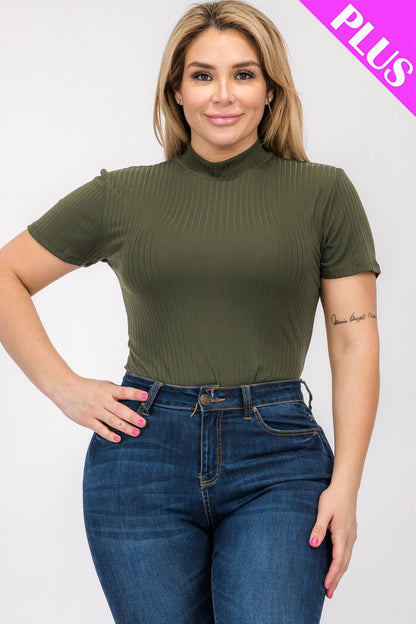 Short Sleeve Bodysuit in Plus Size Ribbed Fabric