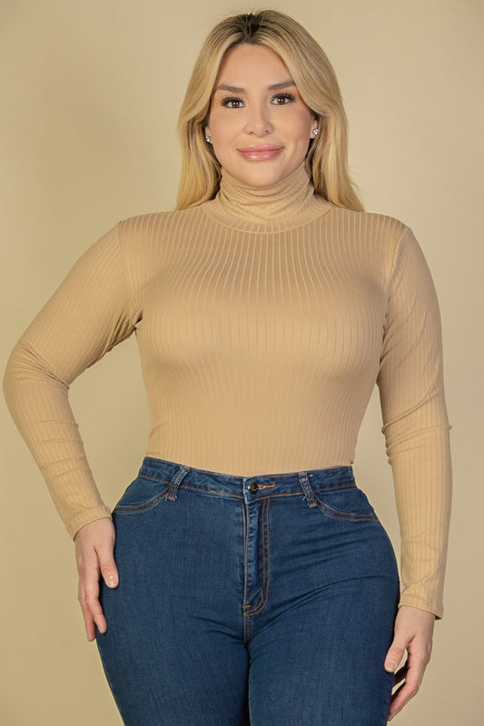 Turtle Neck Long Sleeve Bodysuit in Plus Size Ribbed Fabric