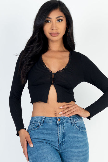 Lace-Trimmed Rib Knit Crop Top with Lettuce Hem Long Sleeves