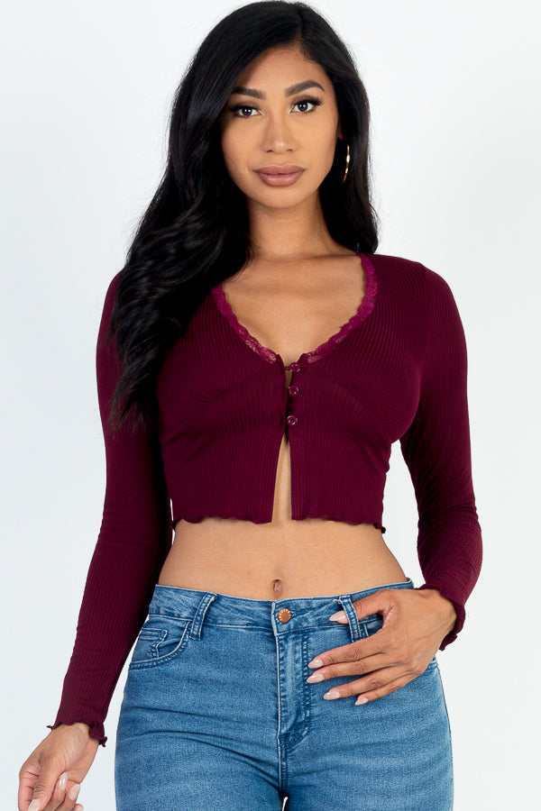 Lace-Trimmed Rib Knit Crop Top with Lettuce Hem Long Sleeves