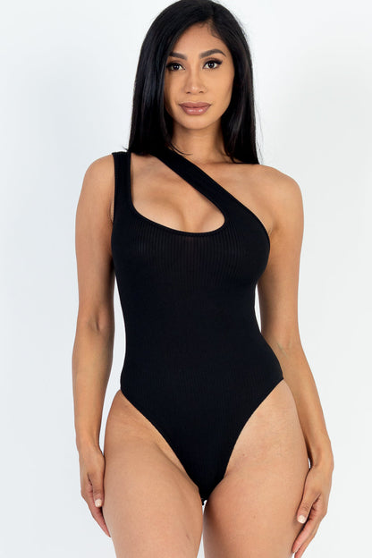 Rib Knit One Shoulder Cut Out Bodysuit