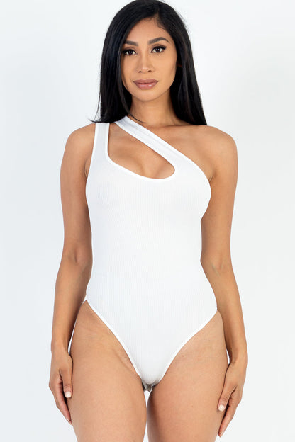 Rib Knit One Shoulder Cut Out Bodysuit