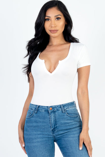 Casual Split Neck Solid Short Sleeve Bodysuit (CAPELLA)