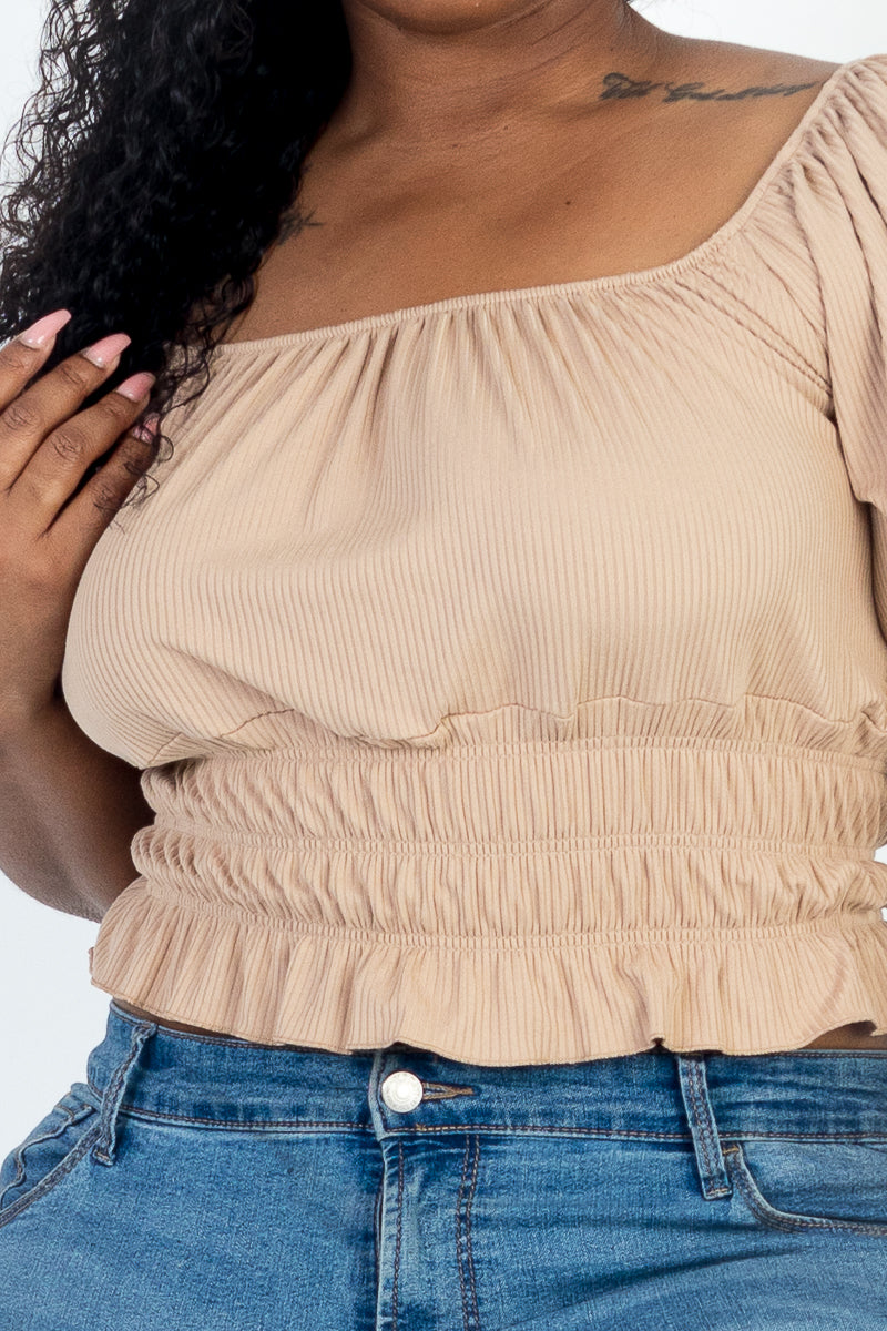 Ribbed Knit Solid Top with Casual Ruched Puff Sleeves in Plus Size