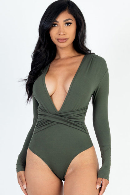 Long Sleeve Bodysuit with Crisscross Deep V-Neck