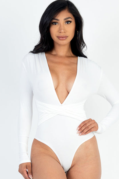 Long Sleeve Bodysuit with Crisscross Deep V-Neck