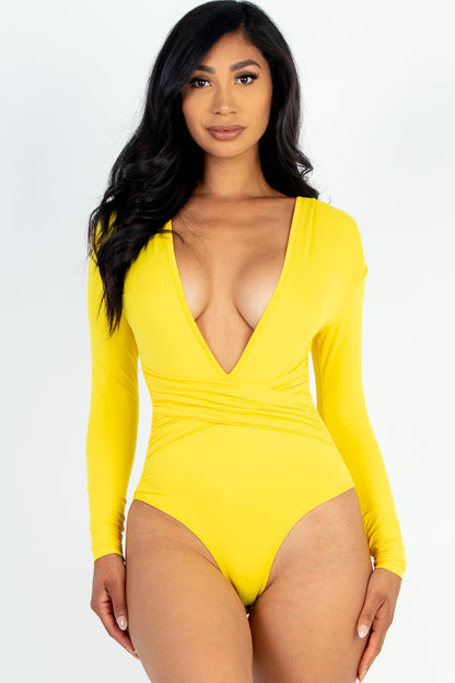 Long Sleeve Bodysuit with Crisscross Deep V-Neck