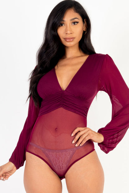 Mesh Bodysuit with Long Sleeves and Deep V-Neck