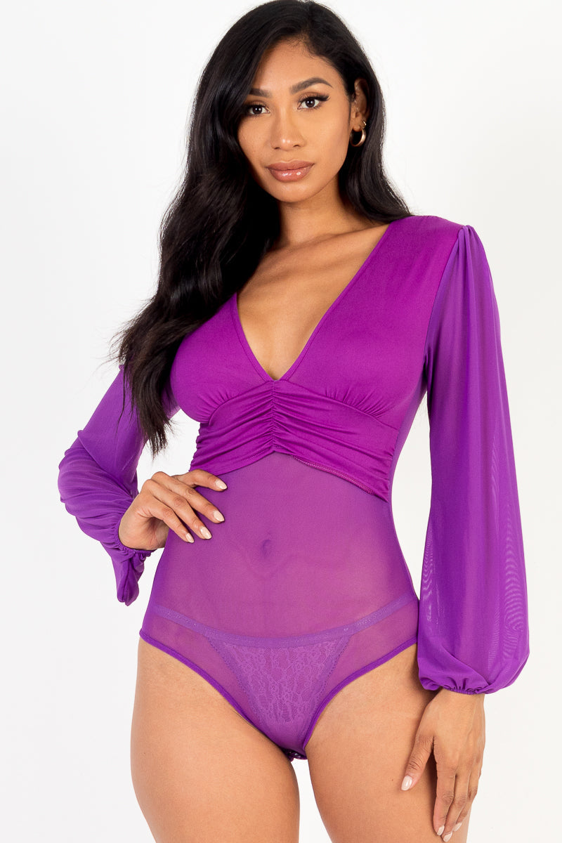 Mesh Bodysuit with Long Sleeves and Deep V-Neck