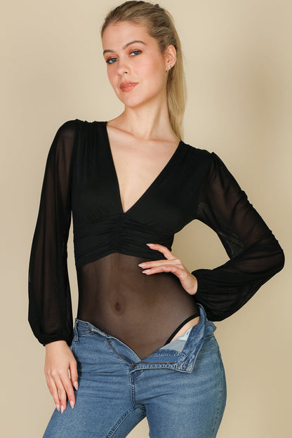 Mesh Bodysuit with Long Sleeves and Deep V-Neck