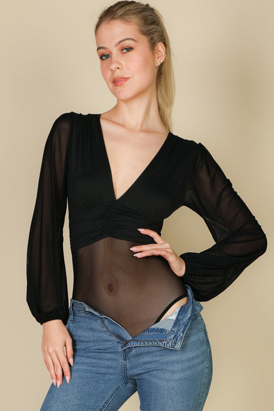 Mesh Bodysuit with Long Sleeves and Deep V-Neck