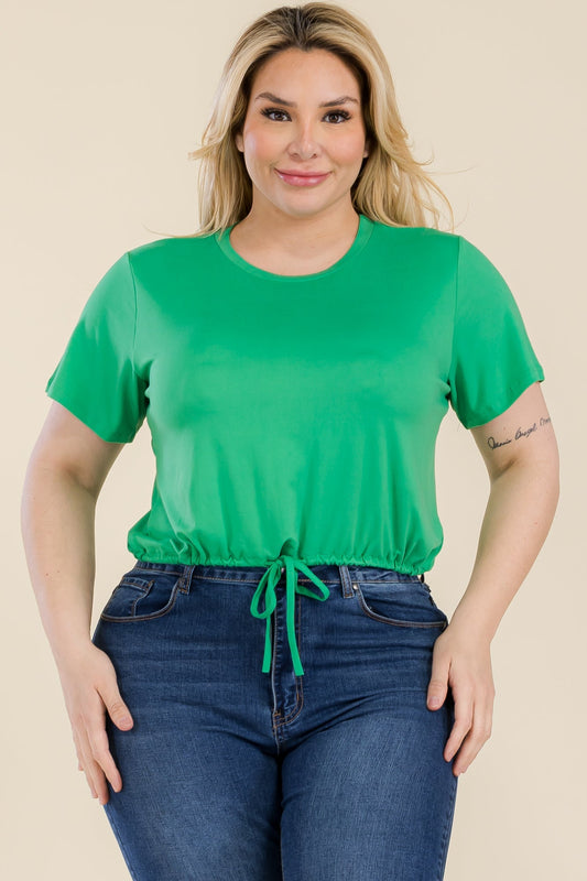 Crop Top with Tie Front and Drawstring Short Sleeves for Plus Size