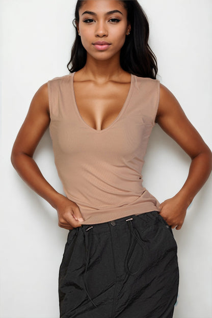 Sleeveless Ribbed V-Neck Top