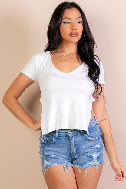 Short Sleeve Top with Ribbed Texture and Side Buttons