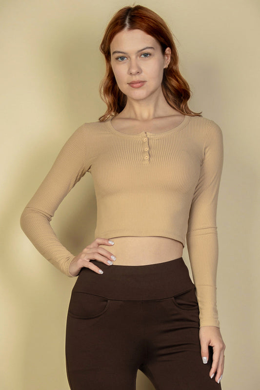 Ribbed Long Sleeve Button-Up Crop Top