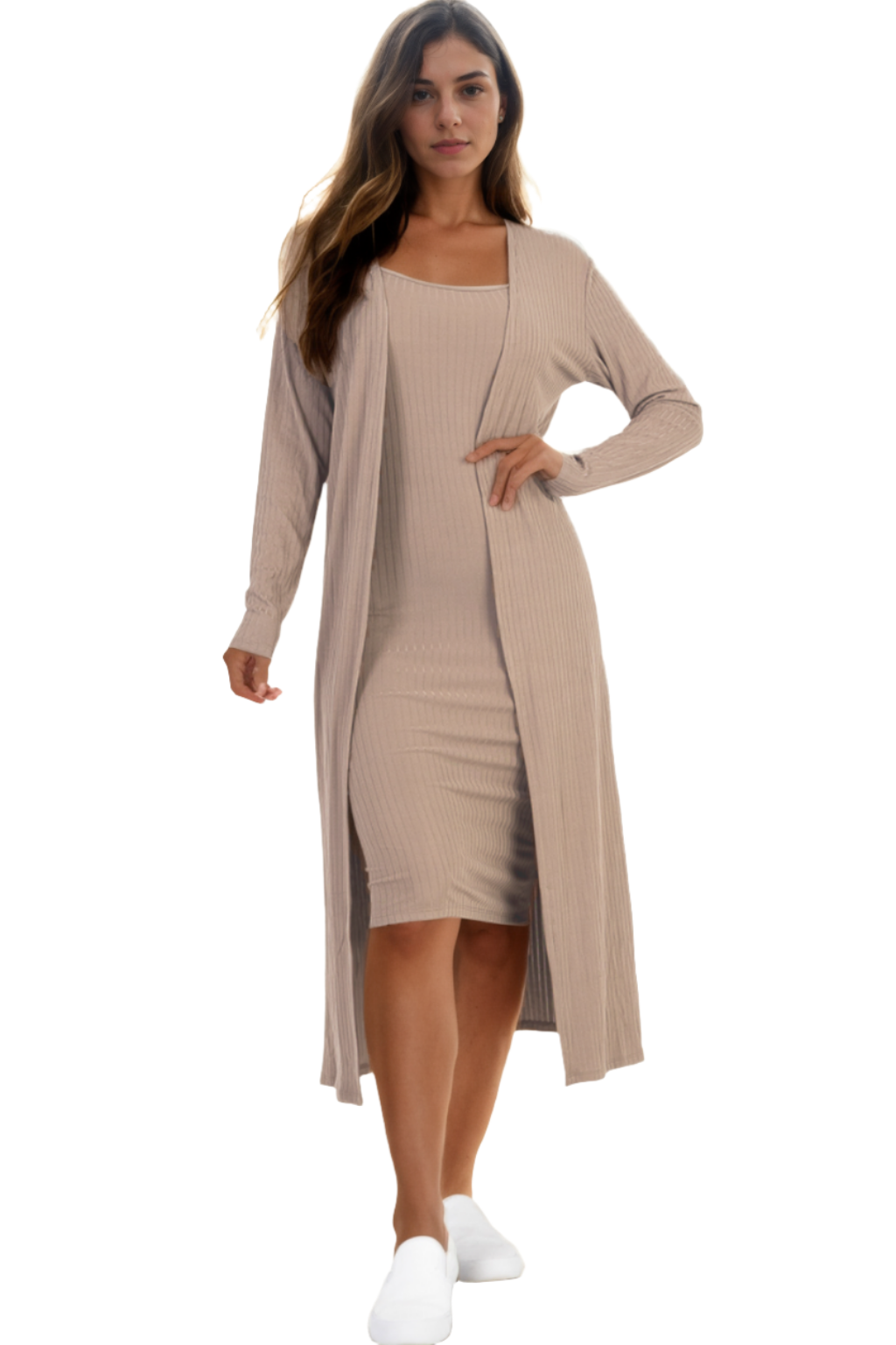 Ribbed Knit Cardigan and Camisole Midi Bodycon Dress