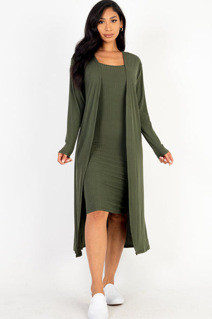 Ribbed Knit Cardigan and Camisole Midi Bodycon Dress