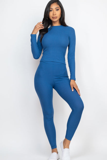 Mock Neck Long Sleeve Top and Leggings Ensemble in Ribbed Fabric