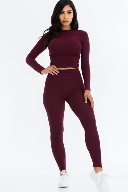 Mock Neck Long Sleeve Top and Leggings Ensemble in Ribbed Fabric