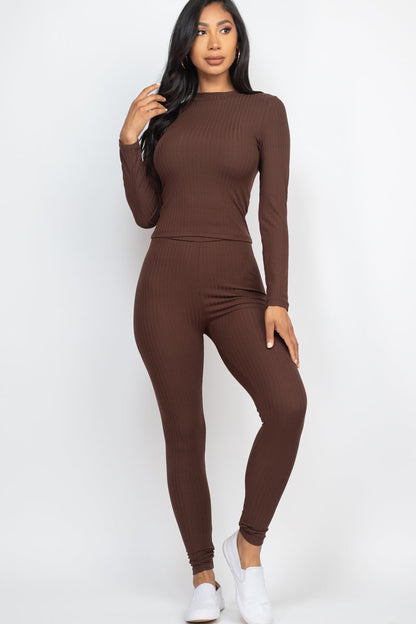 Mock Neck Long Sleeve Top and Leggings Ensemble in Ribbed Fabric