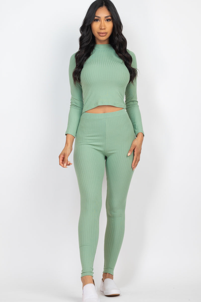 Mock Neck Long Sleeve Top and Leggings Ensemble in Ribbed Fabric