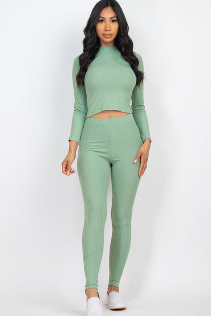 Mock Neck Long Sleeve Top and Leggings Ensemble in Ribbed Fabric