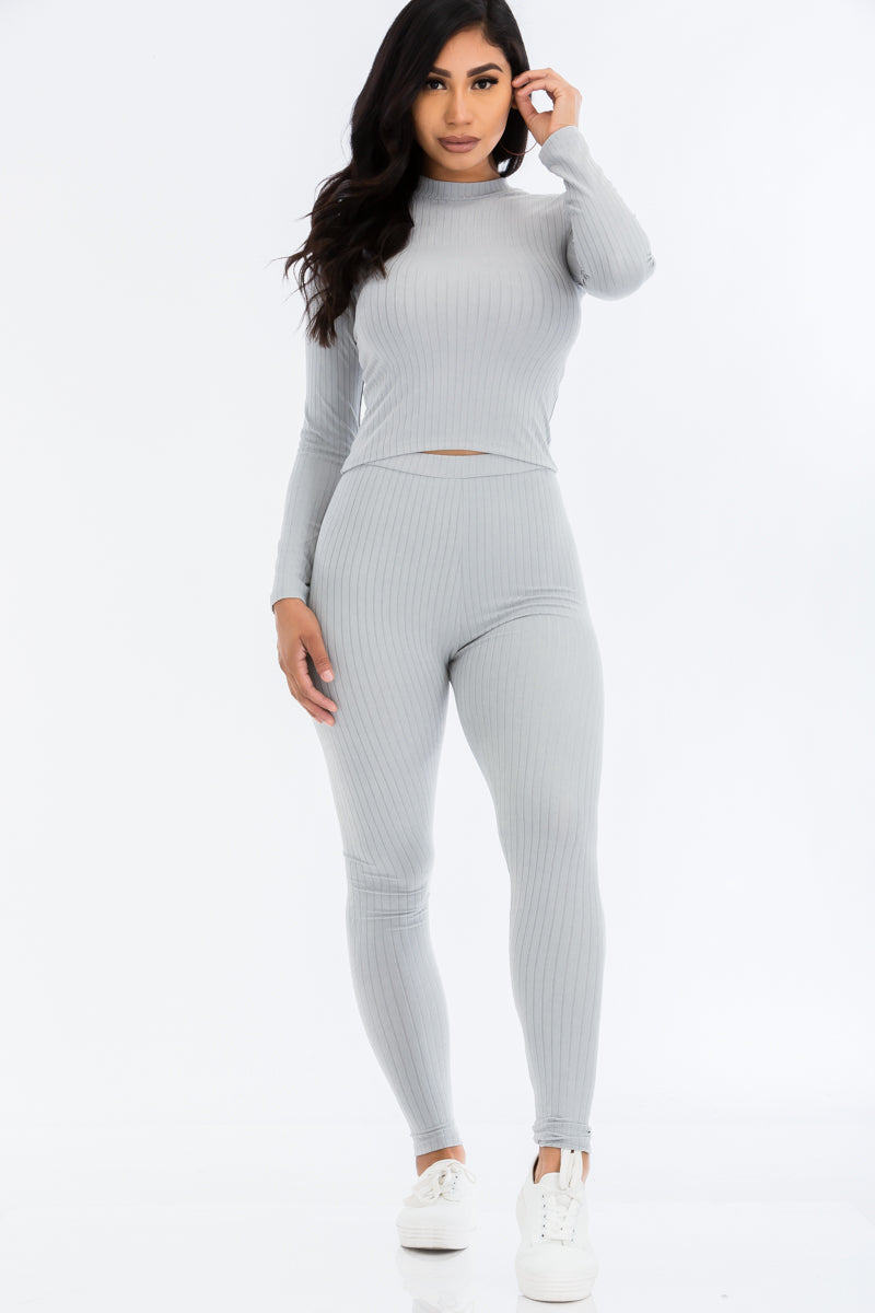 Mock Neck Long Sleeve Top and Leggings Ensemble in Ribbed Fabric