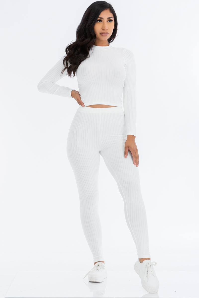 Mock Neck Long Sleeve Top and Leggings Ensemble in Ribbed Fabric