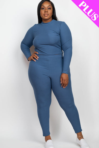 Ribbed Mock Neck Long Sleeve Top & Leggings Ensemble in Plus Size