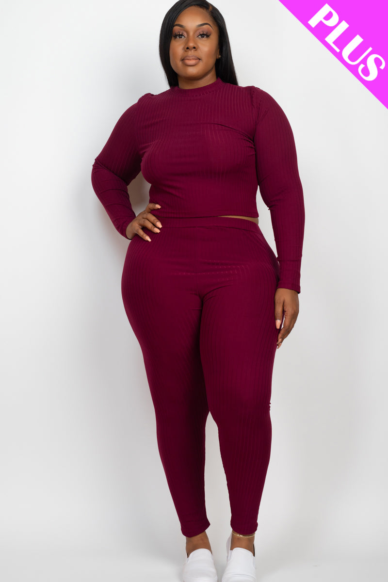 Ribbed Mock Neck Long Sleeve Top & Leggings Ensemble in Plus Size