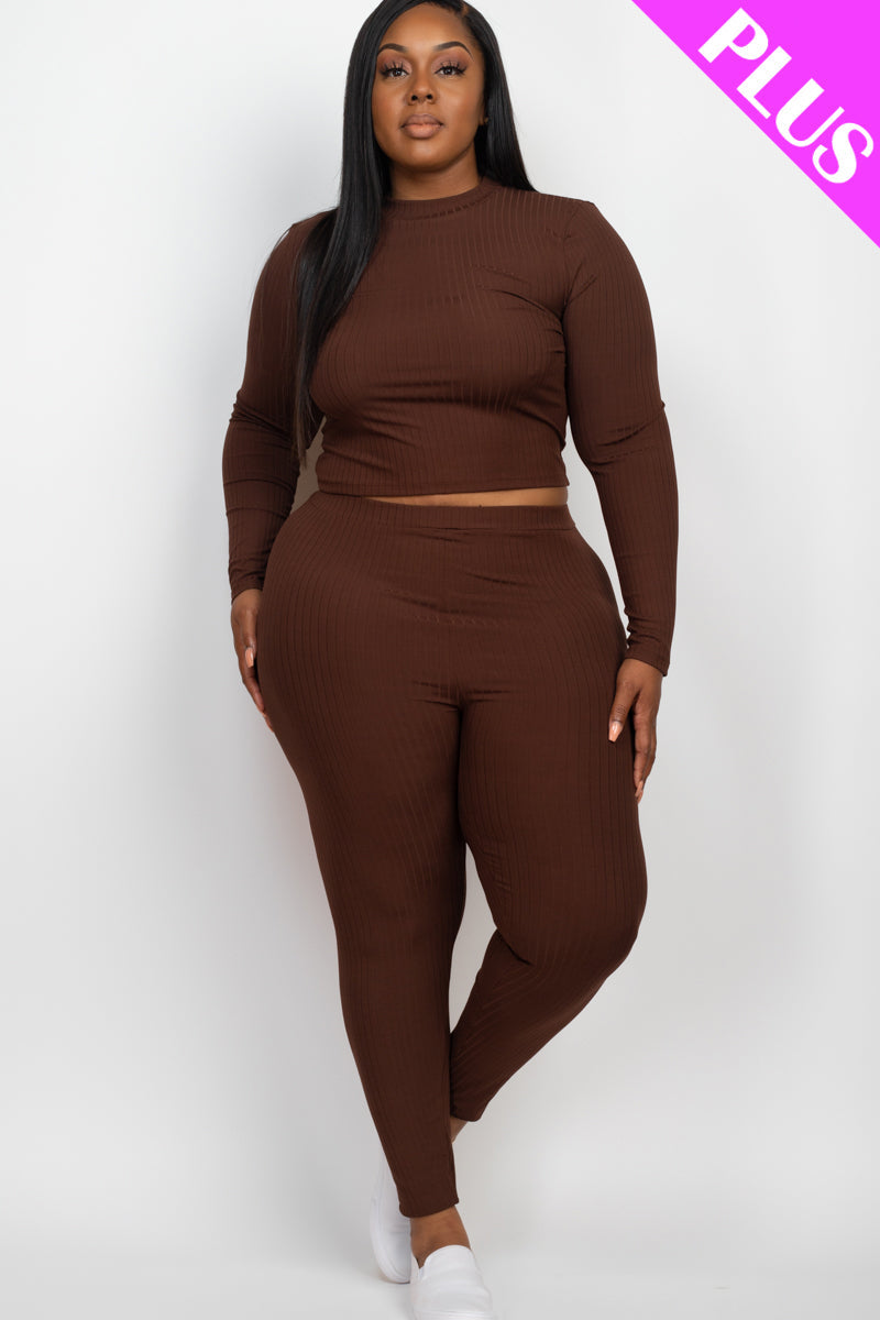 Ribbed Mock Neck Long Sleeve Top & Leggings Ensemble in Plus Size