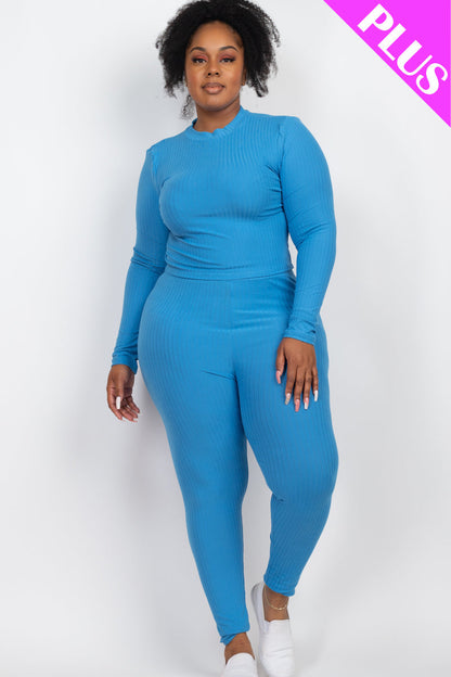 Ribbed Mock Neck Long Sleeve Top & Leggings Ensemble in Plus Size