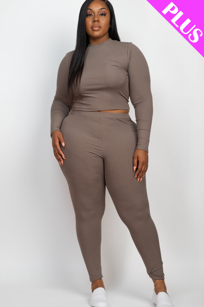 Ribbed Mock Neck Long Sleeve Top & Leggings Ensemble in Plus Size