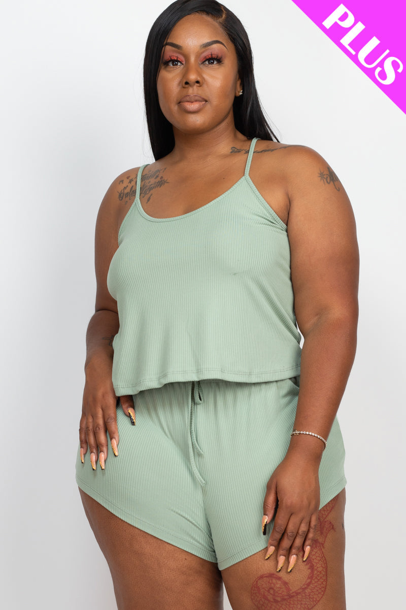 Set of Strappy Top and Shorts in Plus Size Ribbed Fabric