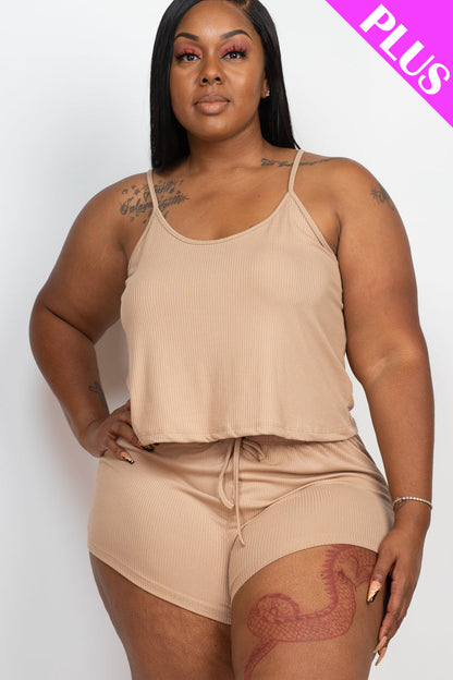 Set of Strappy Top and Shorts in Plus Size Ribbed Fabric