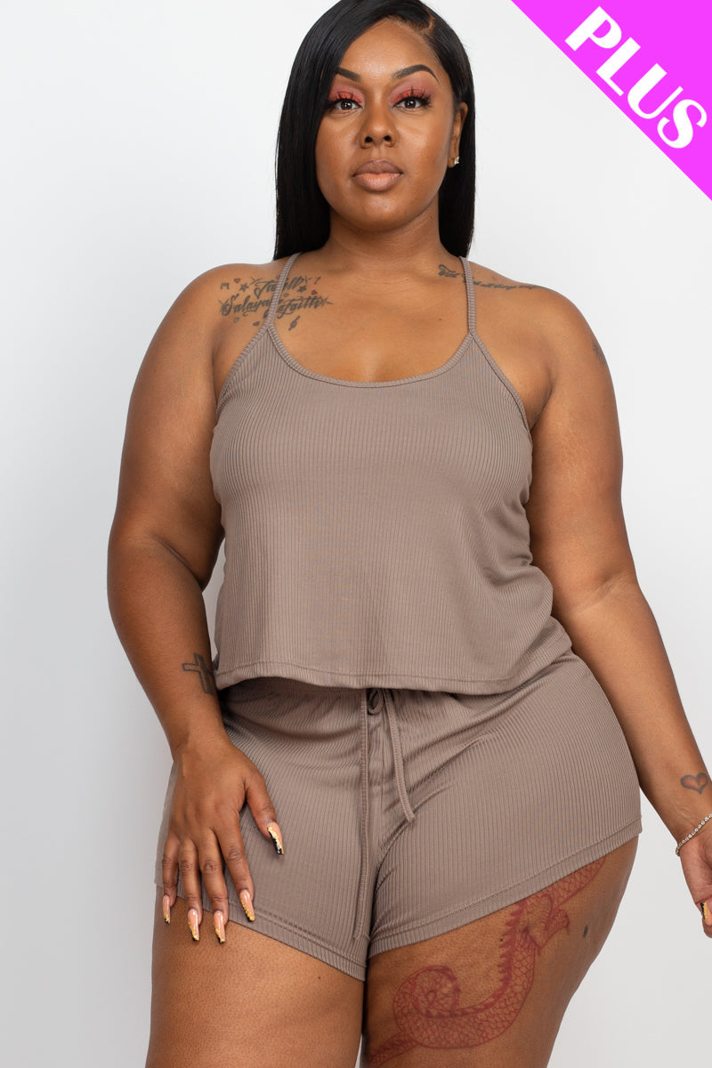 Set of Strappy Top and Shorts in Plus Size Ribbed Fabric