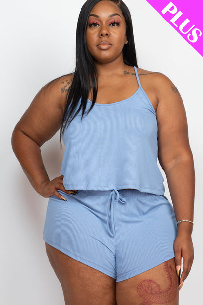 Set of Strappy Top and Shorts in Plus Size Ribbed Fabric