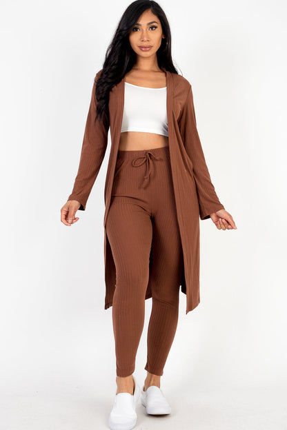 Ribbed Long Cardigan and Leggings Ensemble