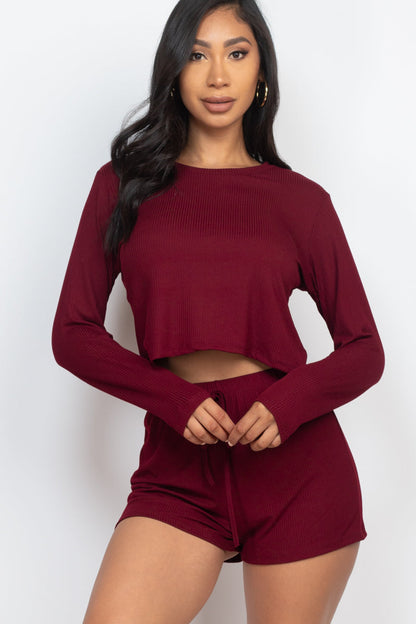 Ribbed Long Sleeve Loose Fit Top & Shorts Set