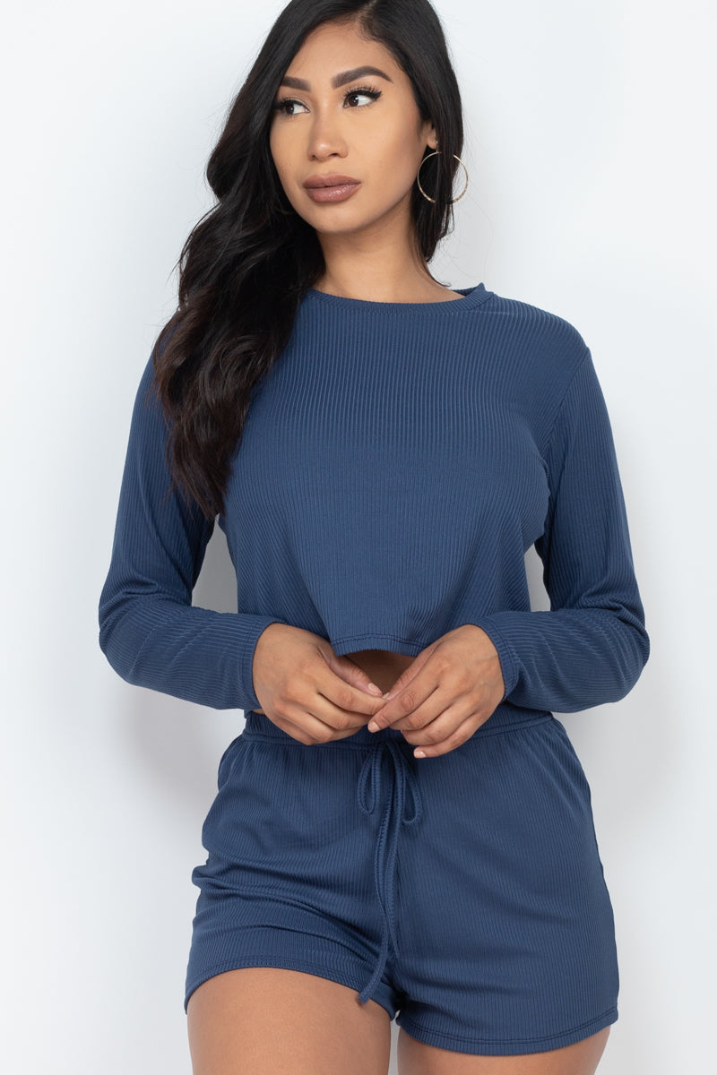Ribbed Long Sleeve Loose Fit Top & Shorts Set