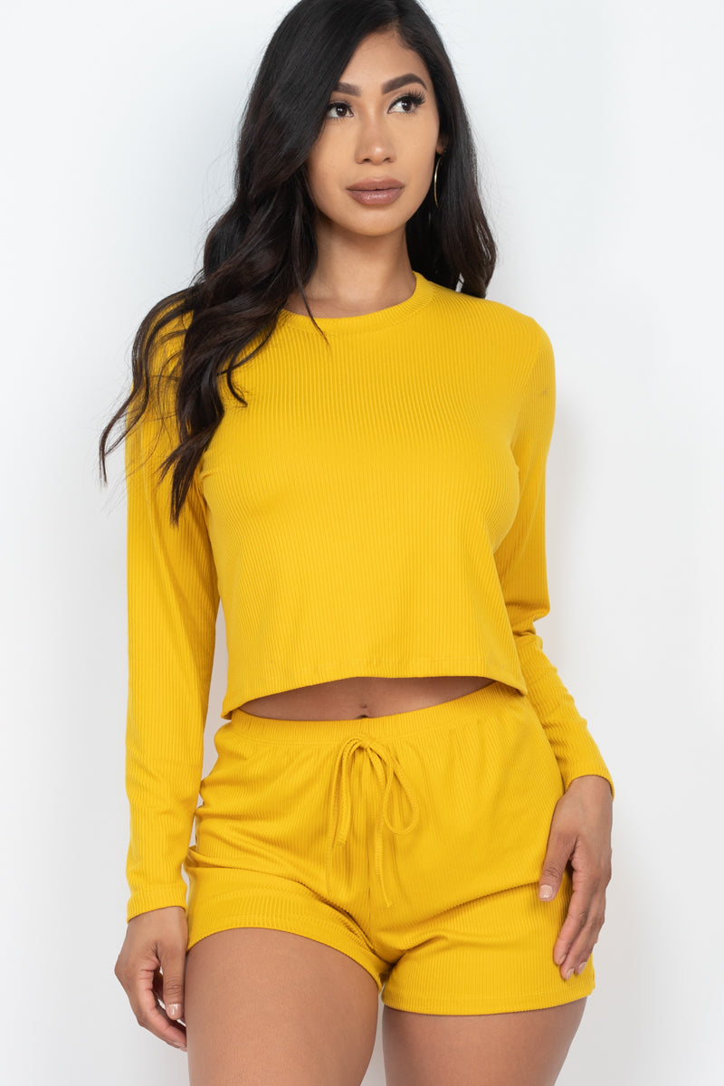 Ribbed Long Sleeve Loose Fit Top & Shorts Set