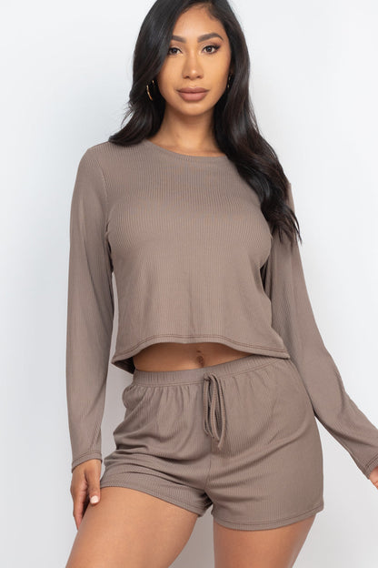 Ribbed Long Sleeve Loose Fit Top & Shorts Set