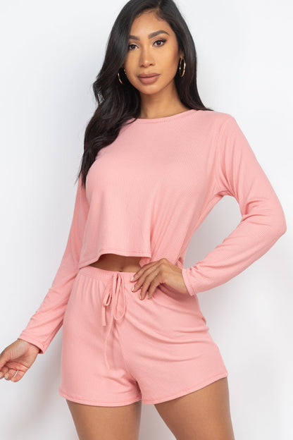 Ribbed Long Sleeve Loose Fit Top & Shorts Set