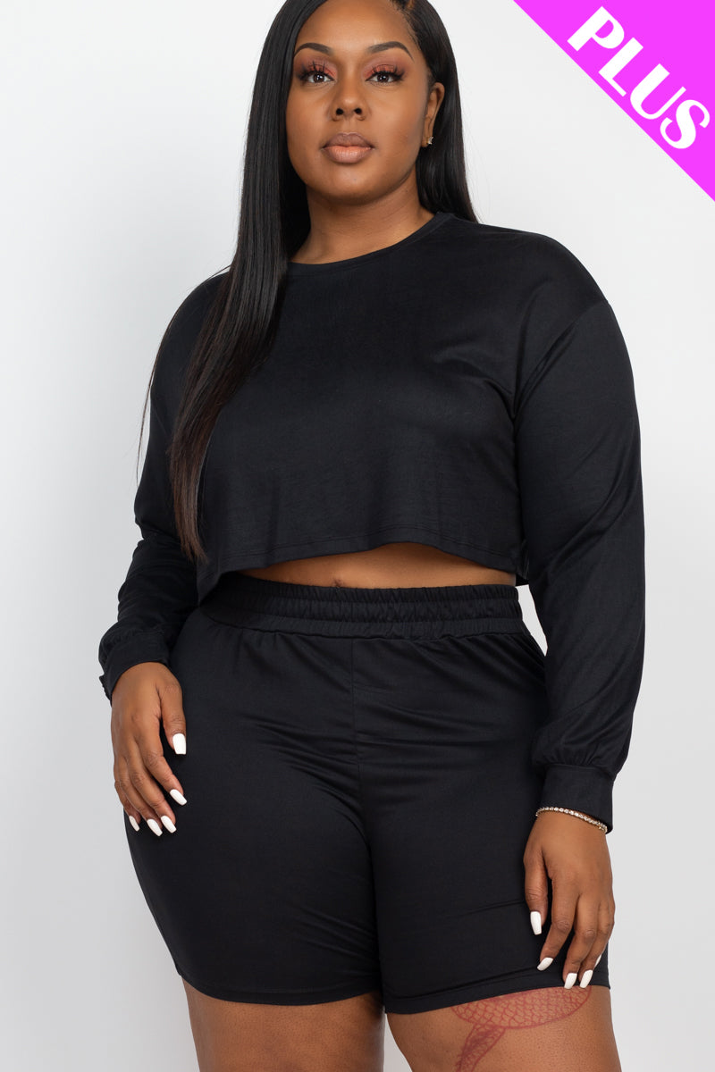 Crop Top and Shorts Set with Long Sleeves for Plus Sizes