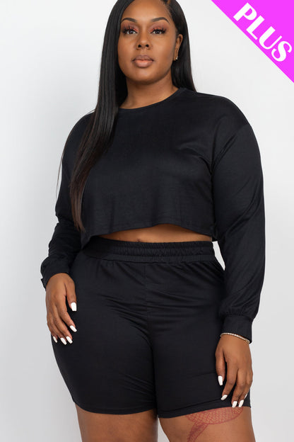 Crop Top and Shorts Set with Long Sleeves for Plus Sizes