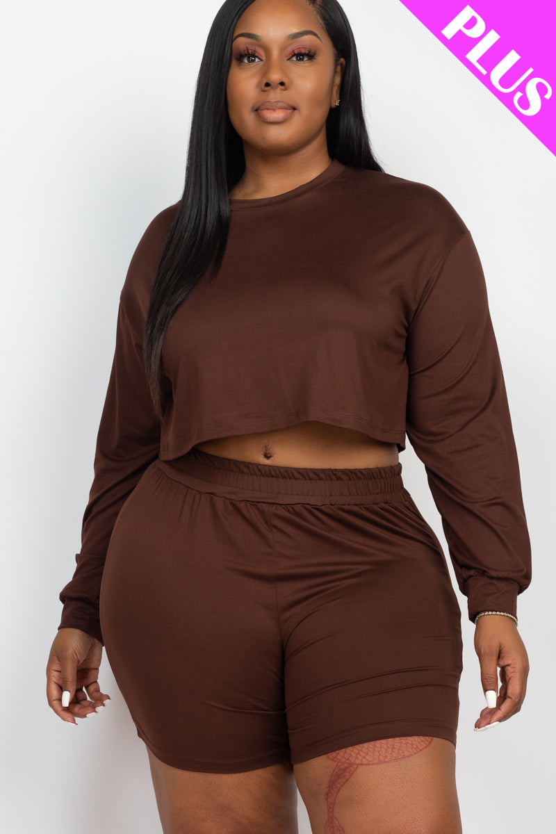 Crop Top and Shorts Set with Long Sleeves for Plus Sizes