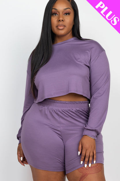 Crop Top and Shorts Set with Long Sleeves for Plus Sizes