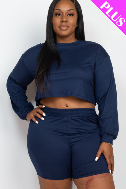 Crop Top and Shorts Set with Long Sleeves for Plus Sizes