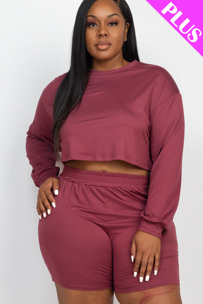 Crop Top and Shorts Set with Long Sleeves for Plus Sizes