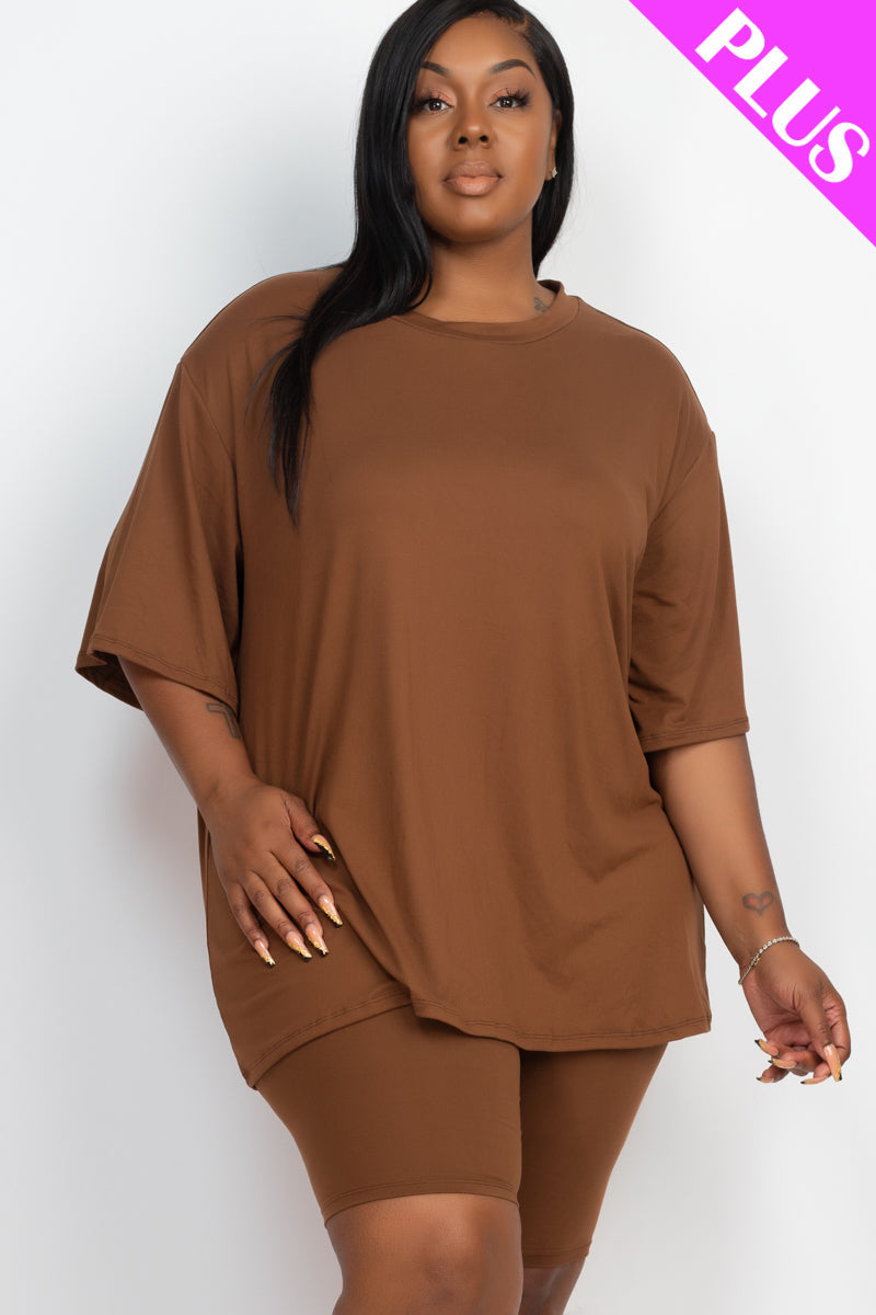 Relaxed Fit Top and Biker Shorts Set for Plus Sizes